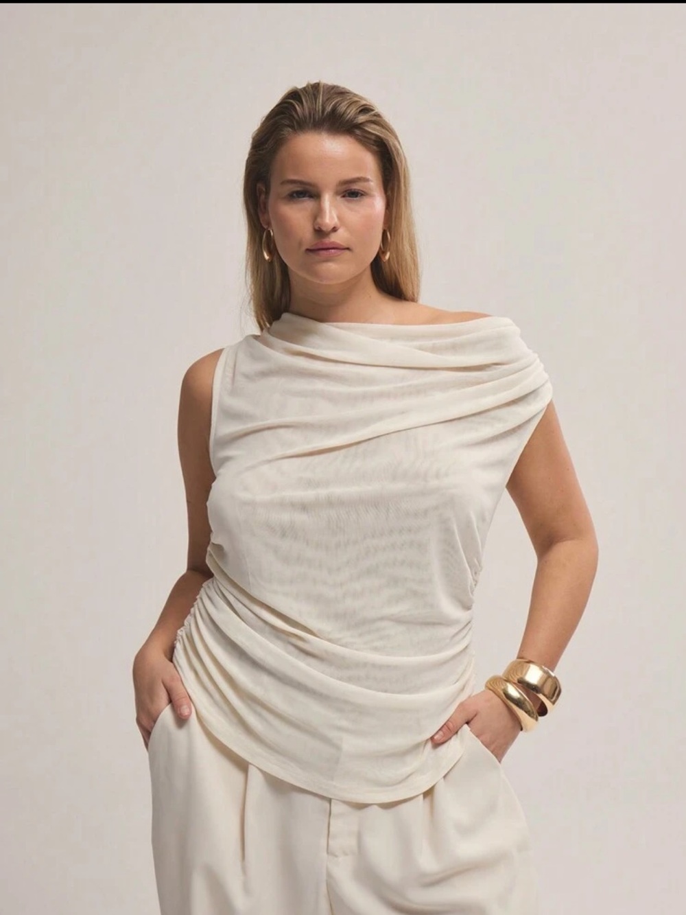 SHEIN Cream Draped Asymmetric Sleeveless Blouse